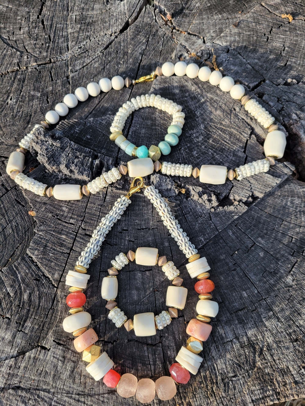 Off White and Coral Beaded Women’s Necklace and Bracelet Sets